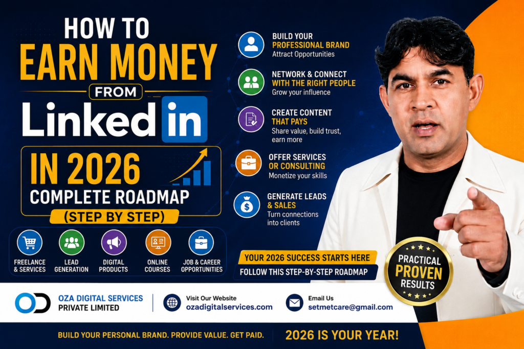 Professional featured image for “How to Earn Money from LinkedIn in 2026 Complete Roadmap (Step by Step)” showing a businessman pointing forward with LinkedIn branding, digital marketing icons, online earning strategies, and Oza Digital Services Private Limited branding on a blue and orange modern background.