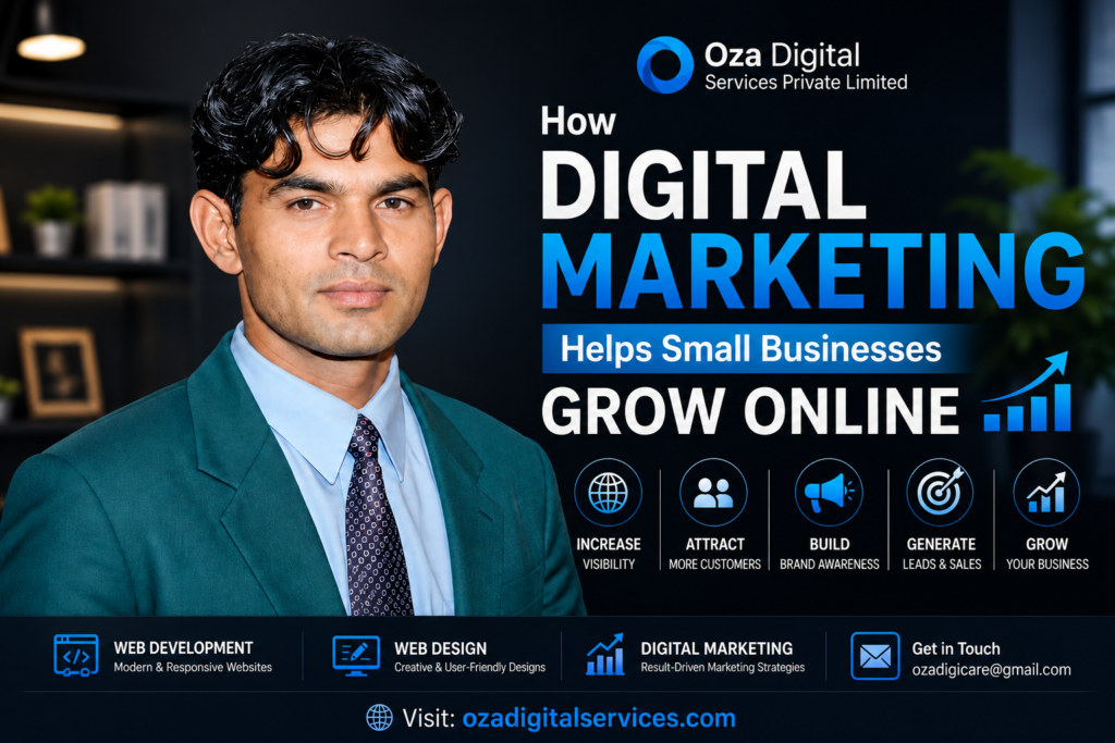 Professional digital marketing concept showing online business growth, website development, SEO, and social media marketing for small businesses.