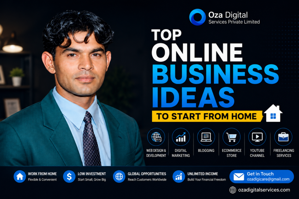 Modern online business workspace showing digital entrepreneurship, laptop, website development, digital marketing, and remote business opportunities.